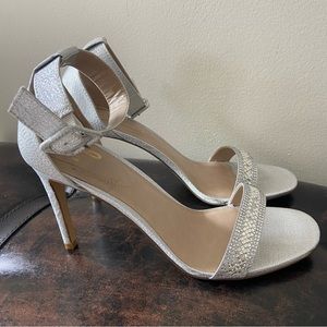 Mix No. 6 Silver Metallic Ankle Strap Stiletto Heels With Sparkly Rhinestones